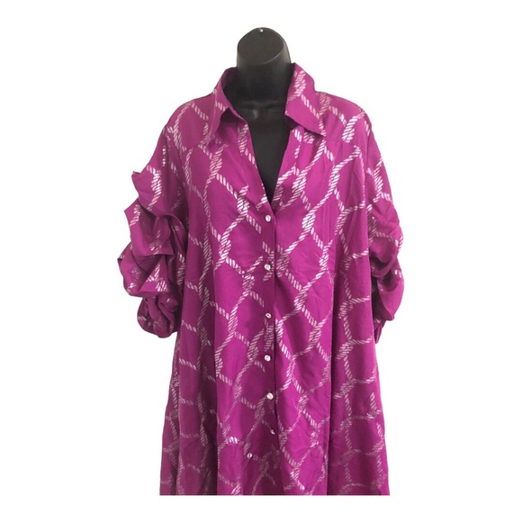 Pink & silver metallic puffy sleeve button down regal hi low dress size 1X new - Picture 5 of 17